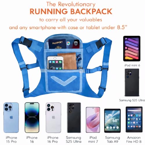 Blue Running Mini Backpack Vest for Men & Women – Reflective with Hi-Viz, Holds Accessories, iPhone, Android, iPad Mini – Lightweight, Adjustable Gear for Fitness, Walking, Cycling, Hiking, Climbing! - image 3