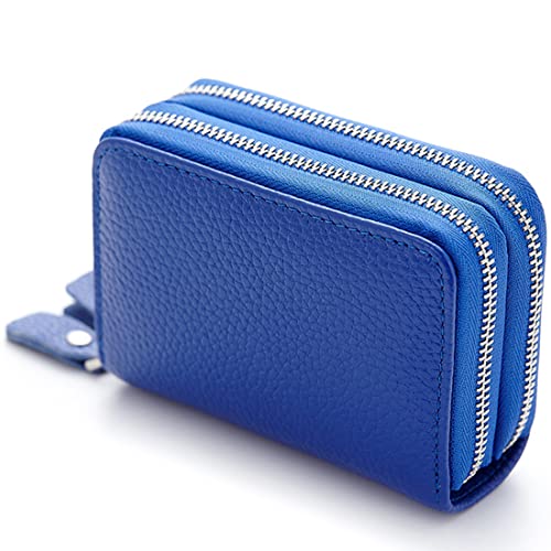 JUVEL Damen Leder Geldbörse - Kreditkartenetui Damen mit Münzfach Doppelreißverschluss 10 Kartenfächer Mini Damen Portemonnaie Münzfach Zipper Brieftasche Kartenhalter für Frauen (Blau)