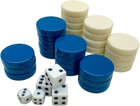 30 Pieces Backgammon Checkers Replacement Set Checker Board Games Playing Game Chips with 5 Dice Come with Drawstring Storage Pouch (Blue&Ivory 1.25 inch)