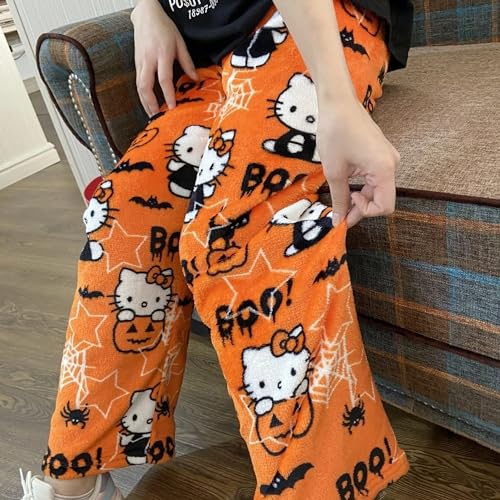 Image of BIUGNVW Anime Pajamas Pants Women Cartoon Family Christmas Pajama Pants Kawaii Flannel Pajama Pants Black and Pink