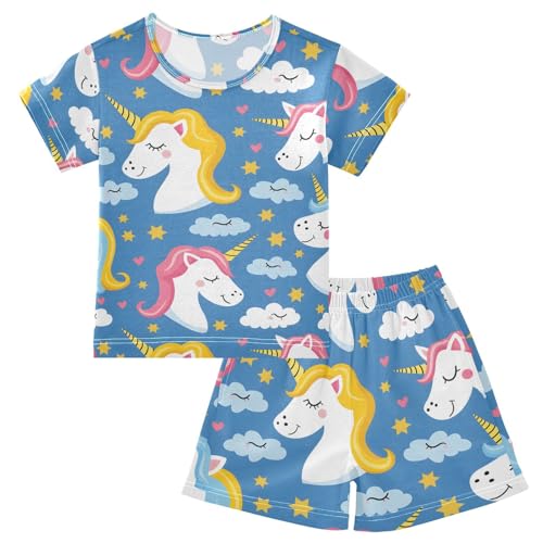 ALAZA Cute Unicorn Cloud Star Blue Pajamas Short Sleeve 2 Piece Sleepwear Top and Bottom Pajama Set Unisex