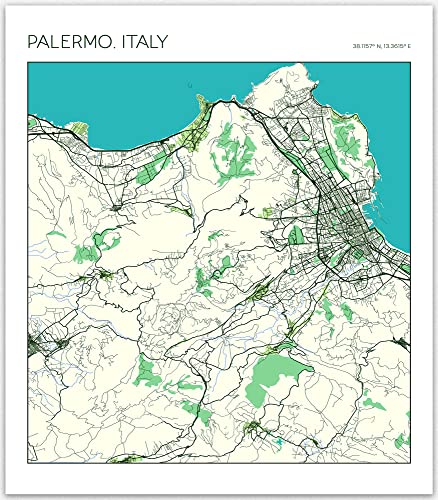 Palermo Italy County City Map Wall Decor | Metropolitan City Of Palermo - Italian Gifts For Family And Friends | Travel Memories Street Map Art Décor For Cafe Wall Art And Classy Bathroom Décor (12 x 16, Green)