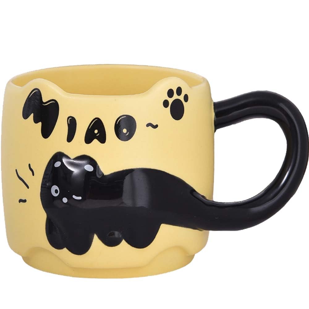 ZONSUSE Schwarze Katzen Tasse, Süße Kätzchen Becher, 3D Katzes Kaffeetasse, Lustiger Tierbecher für Kaffee Tee Milch, Geschenk für Katzenliebhaber, Frauen, Freunde 380ml (Katze-Gelbe)