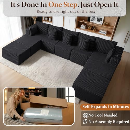 Image of 168 inch Cloud Sectional Couch, Comfort U Shaped Sofa for Living Room, Extra Deep Seats No Assembly, Minimalist Modular Couch, Corduroy (Black, 9 Seats,U-Shape B)