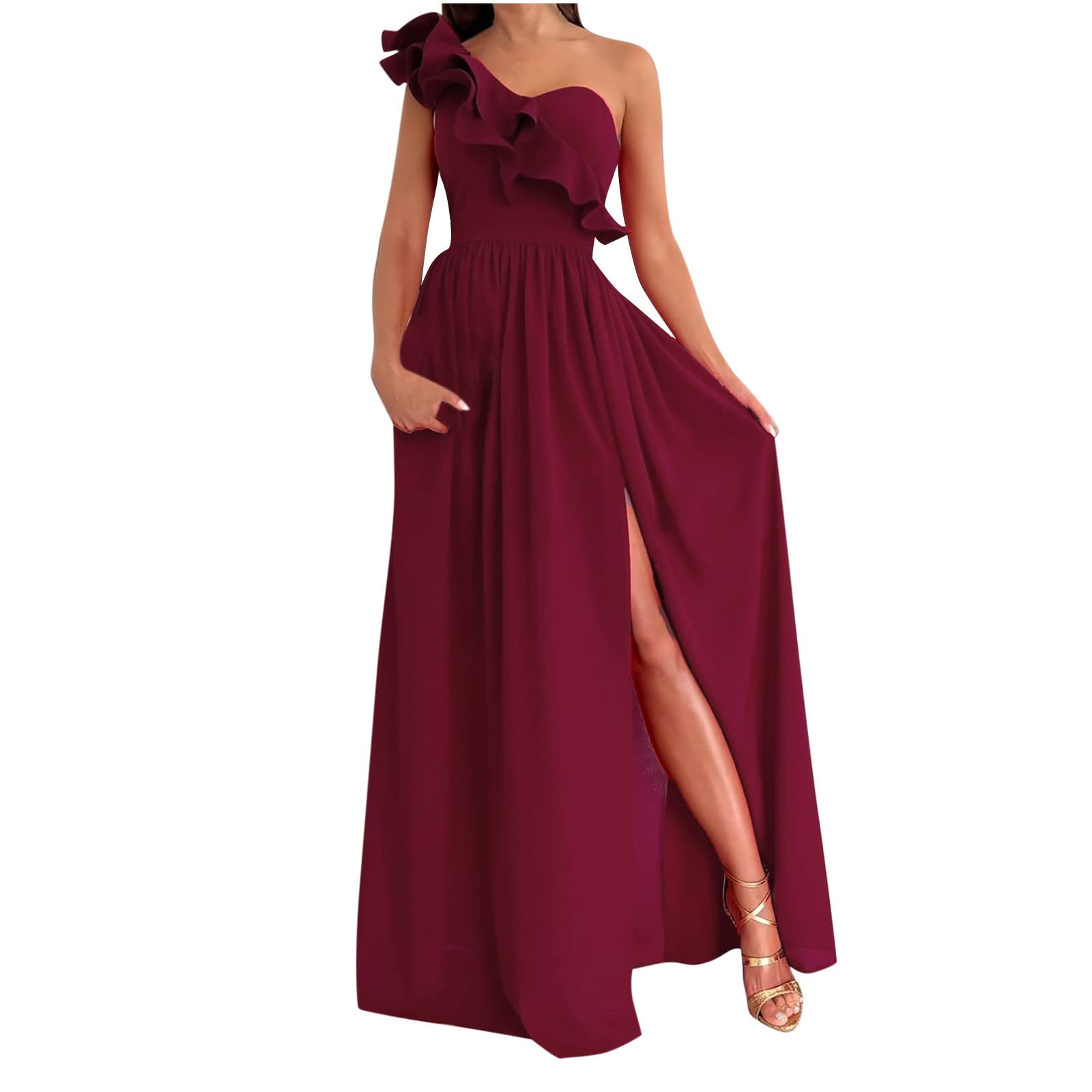 NUSGEAR 2023 Vestidos Largo Mujer Moda Color sólido Fiesta Vestido de Noche un Hombro Volante Elegante Vestidos de Cóctel sin Manga Extra Larga Casual Vestido Partido Novia Boda Vestir