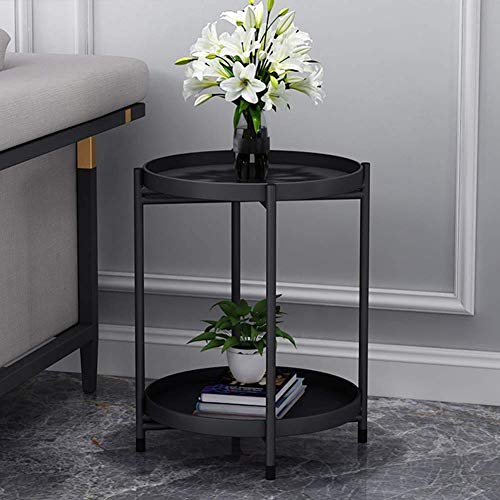 Lita 2-Tier End Table Metal Round Tray Side Table Small Folding Accent Coffee Table Side Snack Table Anti-Rust And Waterproof Nightstand For Living Room Bedroom Balcony And Office, Black #TOP4