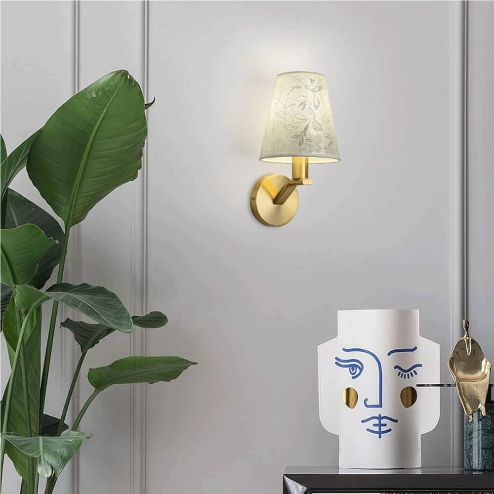 Lámpara de Pared Amena de Cobre con Base E14/E12, Pantalla de Tela Creativa, Aplique de Pared Empotrado para Dormitorio, Estudio, Comedor, iluminación de Pared Interior, Ahorro de energía.