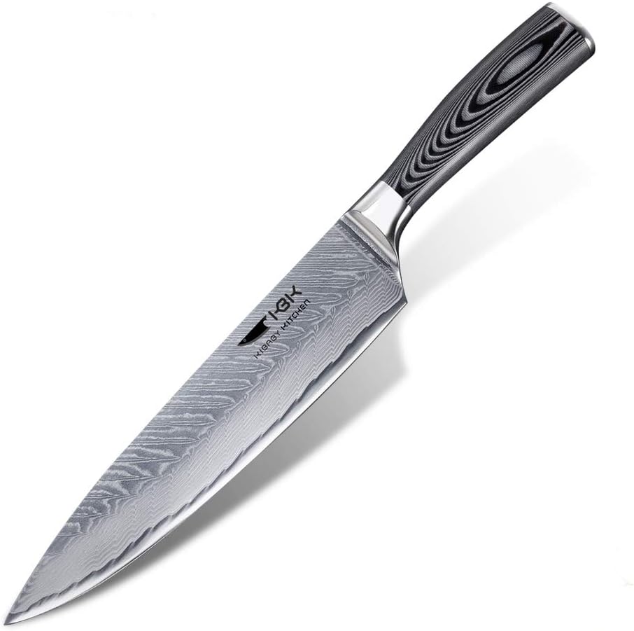 KBK Chef's Knives Professional Chef Knife 8 Inch Japanese VG10 67 Damascus Stainless Steel Layers 62 HRC Blade Ergonomic with Sharp Cut Edge Best for Kitchen (Plumage Embossing G10 Black and White)