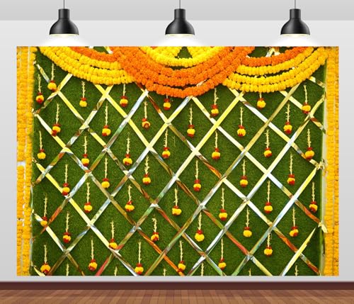 Image of BELECO Fabric 9x6ft Indian Theme Backdrop Haldi Ceremony Marigold Flower Garland Decoration Background Pooja Banner Traditional Festival Wedding Party Decorations Photoshoot Props Wallpaper
