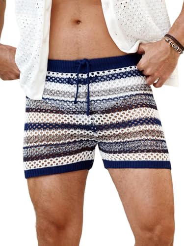 ZAFUL Men's Knitted Mesh Shorts Striped Hollow Out Casual Summer Beach Underwear