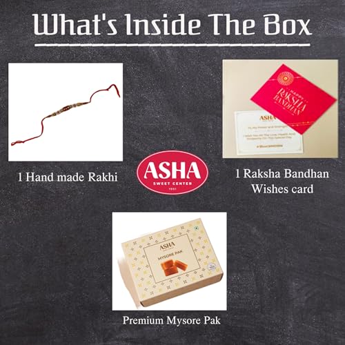 Image of ASHA SWEETS Rakhi Celebration Combo Pack with Mysore Pak (250gm), 1 Handmade Rakhi & Wish Card Set for Gifting to Brother & Sister |Premium Raksha Bandhan Festive Gift Box for Family & Friends & Pets