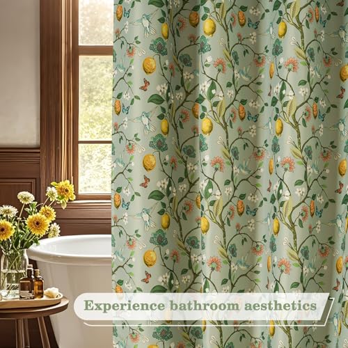 Fammio Green Floral Bird Shower Curtain 72x72, Hummingbird and Lemon Botanical Fabric Bath Curtains, Lightweight Quick-Dry Bathroom Decor Set with Hooks, Light Green by Fammio - Used condition - Image 6