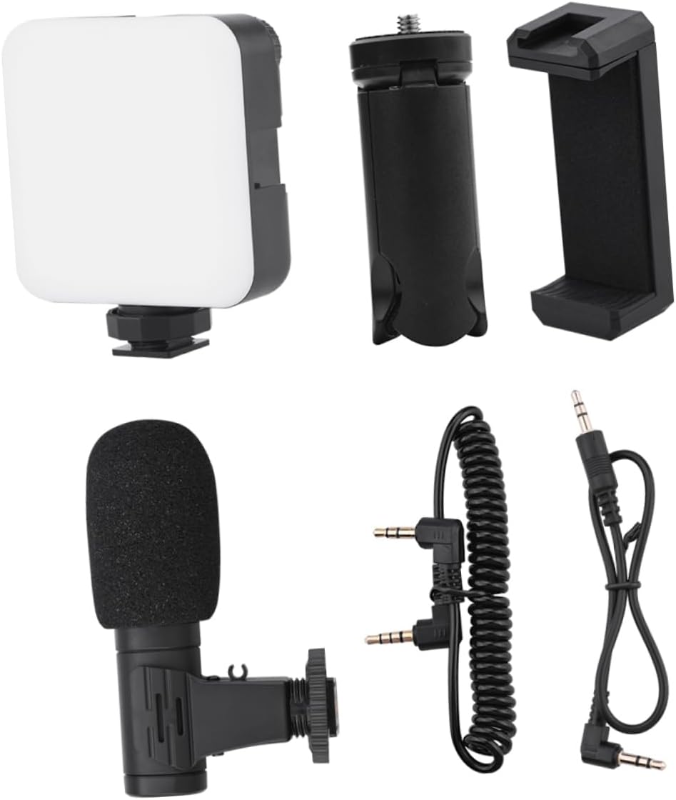 Housoutil Smartphone Vlog Kit with Adjustable Fill Light Tripod Stand Microphone and Phone Holder Portable Set for Video Recording and Live Streaming