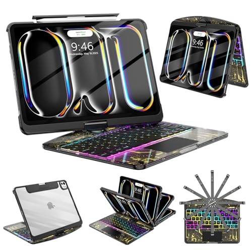 SIBEITU Keyboard Case for iPad Pro 11 Inch M5 2025 /M4 2024, Clear Wireless 360 Rotatable iPad Pro11 Cover, Multi-Touch Trackpad & Visible PCB High-Tech Design, 7-Color Backlight & 3-Brightness, Black
