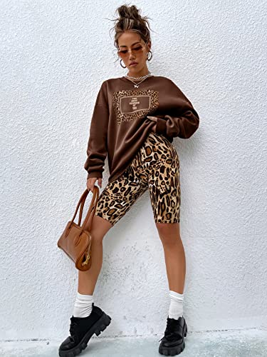 Makemechic Women's Tracksuit 2 Piece Outfits Graphic Crewneck Sweatshirt Pullover Top And Leopard Biker Shorts Set Coffee Brown S #TOP4