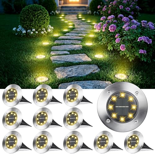 Joomer Lumière Solaire Extérieur, 12 Pièces Lampe Solaire Au Sol Jardin Blanc Chaud, 8 LED 3000K Etanche IP65 Spot Solaire Extérieur Encastrables...