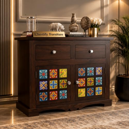 Image of Sheesham Wood Sideboard Cabinet for Living Room - Solid Wooden Storage Cabinet with 2 Drawers & 4 Shelves - Multipurpose Sideboard for Bedroom Dining & Home Furniture (Jack)