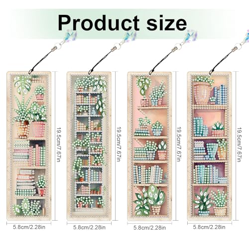 Image of 4 Pieces Diamond Painting Bookmarks for Adults Plant Bookshelf Design 5D Rhinestone Art Bookmark Kits Beautiful DIY Diamond Art Bookmarks with Tassels Crafts Gifts Supplies