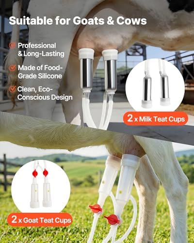 VEVOR Goat Milking Machine, 3.2 Gal / 12 L Food-Grade Stainless Steel Bucket, 4 Teat Cups for Cows and Goats, with 8000 mAh Rechargeable Battery, Electric Pulsation Milking Machine Portable Milker - 5