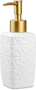 White Ceramic Soap Dispenser - 310ml Hand Soap Dispenser with Long Spout Refillable Shampoo Lotion Dispenser Elegant Square Design for Bathrooms Kitchens Hotels Flower
