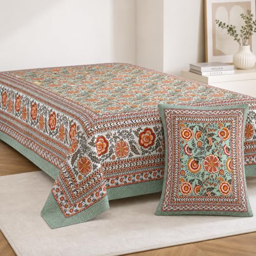 Image of elanorhomes Fulwari Garden Single Bedsheet - Ultra Soft Pure Cotton | Traditional Indian Print | Premium 240 TC 60x90 inches | 1 Matching Pillow Cover