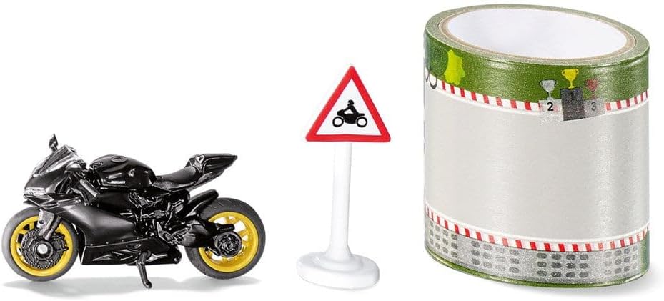 siku 1601, Ducati Panigale 1299 Motorbike with tape and traffic sign, Black, Metal/Plastic, Rubber tyres