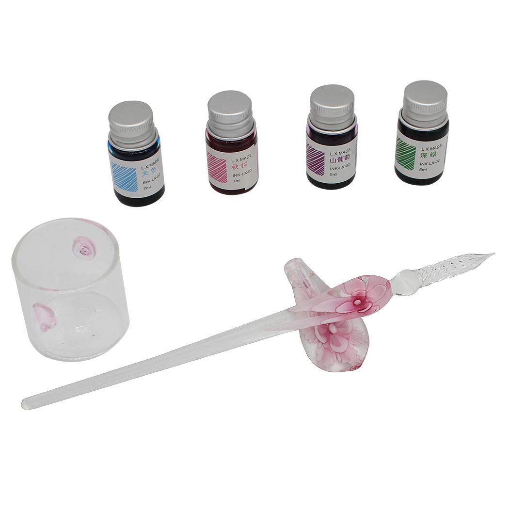 fait à la main cristal verre intarsia dip stylo plume kit calligraphie signatures stylo avec 4 couleurs d'encre, porte-stylo, tasse de nettoyage, rose