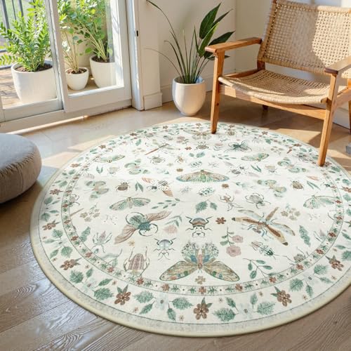 Image of Lahome Insect Washable Round Rugs, Non-Slip Soft Round Rug 4ft Ultra-Thin, Small Boho Circle Carpet for Entryway Kitchen Bedroom Nursery Bathroom Vionnet, Beige