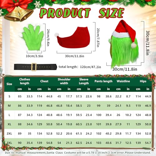 SINSEN Weihnachtsmann Kostüm für Erwachsene 7 Teile Weihnachten Grün Großes Monster Kostüm Erwachsene Weihnachts Cosplay Luxus Weihnachtsmann Anzüge Outfits