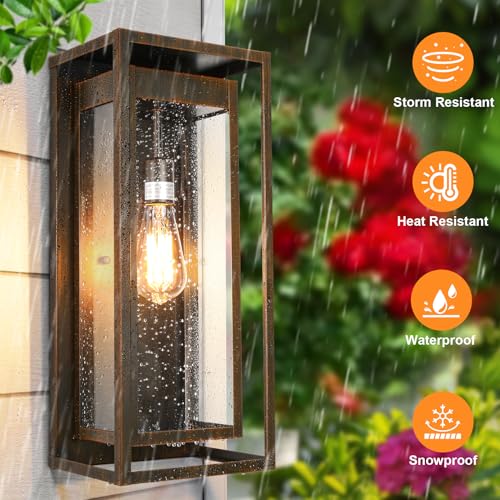 Image of 19 Inch Brown Outdoor Wall Light Fixtures, 2 Pack Porch Lights | Large Size, Anti-Rust, Waterproof, Tempered Glass, Easy Installation, Exterior Wall Sconces for House Entryway Garage