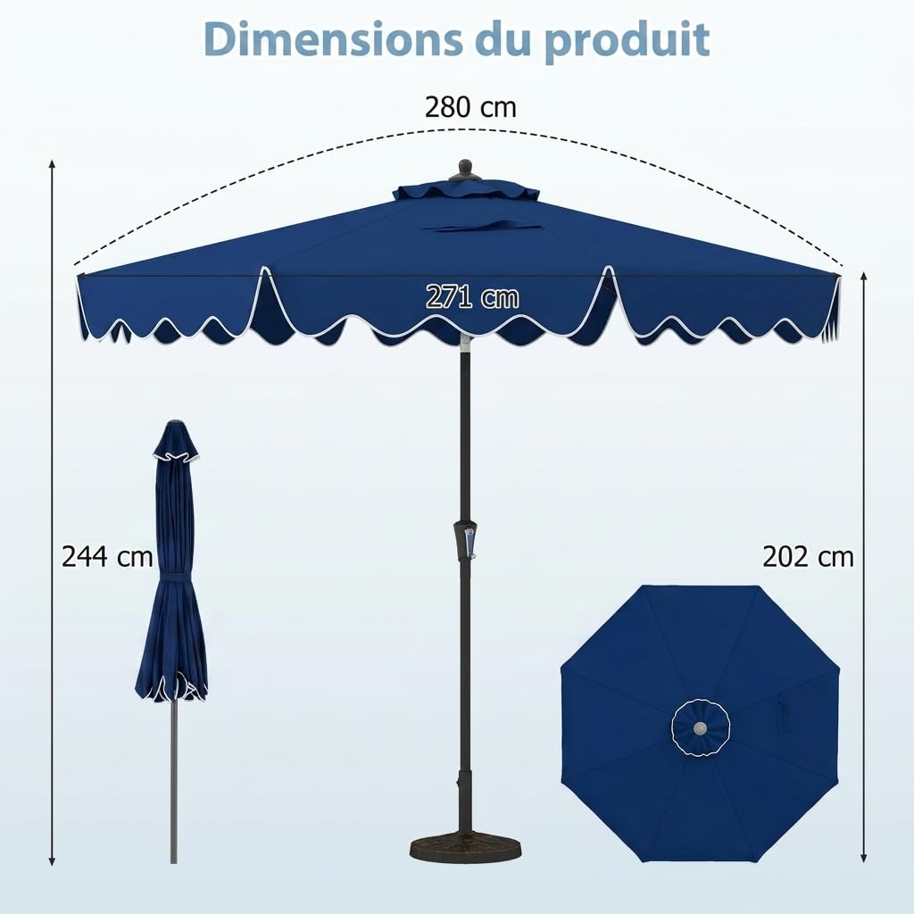 GOPLUS Parasol de Jardin Exterieur, 2,8M Parasol Inclinable 25° avec Manivelle, Toile Protection UV, 8 Baleines, Double Toit, pour Balcon Terrasse Patio, Base Non Incluse (Bleu)