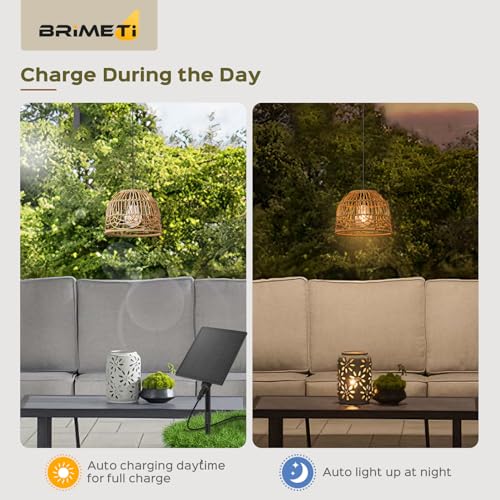 BRIMETI Solarlampen für Außen Garten Solar Hängelampe Outdoor Rattan Hängeleuchte Hängend mit Fernbedienung Dimmbare IP65 Wasserdichte Solarlampen Pendelleuchte,für Balkon Pavillon(mit 5M Kabel)