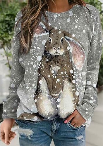 Image of Women's Easter Basic Sweatshirt Crew Neck Long Sleeve Sweatshirt Casual Loose Sweatshirt with Rabbit Print