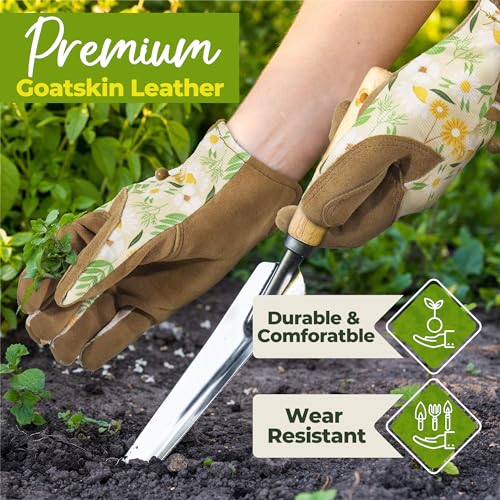 HANDLANDY Gardening Gloves for Women Utility Goatskin Leather Safety Work Gloves Breathable Ladies Leather Garden Yard Gloves - Image 2