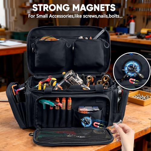 Image of Heavy Duty Tool Bag Organizer with Strong Magnets & Detachable Pouches, Tactical Tool Tote for Men, Multiple Pockets, Anti-Friction Bottom Utility Tool's Bag for Electrician,Mechanic
