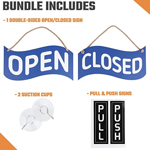 Open Closed Sign for Business – Bundle with 2 Suction Cup, Pull and Push Stickers - Red/Blue Double-Sided Open Signs for Business is The Ideal for Restaurant Stores Bar Windows or Doors (Blue)