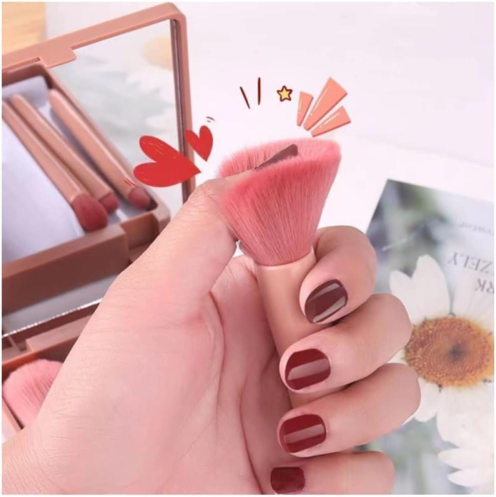 Image of DABRY Mini Makeup Brushes Kit, 5-in-1 Travel Cosmetic Brush Set with Compact Mirror, Portable Foundation Blush Eyeshadow Brushes, Pink