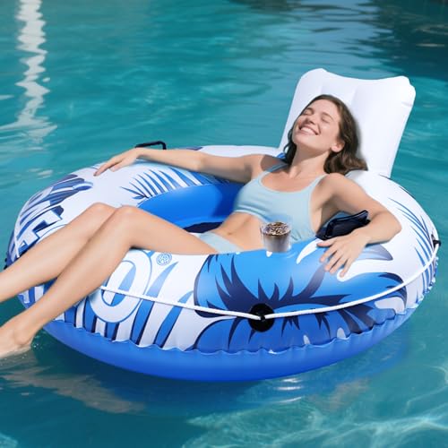 Inflatable River Tube Float, XL 53" Pool Float Adult, River Tubes for Floating Heavy Duty with Mesh Bottom, Water Tubes for Floating Lake, Comfortable Backrest & Cup Holders,450 lbs Weight Capacity