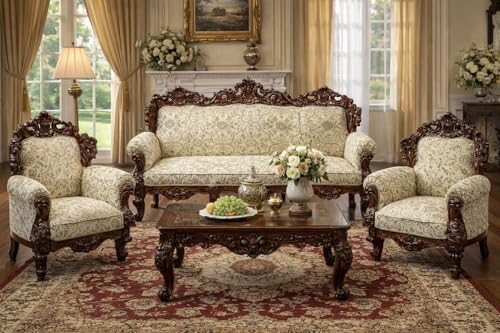 Image of Luxury Antique Sofa Set in a Classic Living Room Setting Solid Teak Wooden Five Seater Sofa Set with Cushion for Living Room | Honey Brown Finish | 208D x 76W x 119H cm (Design11)