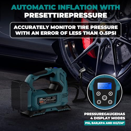 Image of Cordless Tire Inflator Air Compressor Compatible with Makita 18V Battery,160PSI Portable LED Light Handheld Pump with Digital Pressure Gauge Cars Motorcycles Bikes Balls(Battery Not Included)
