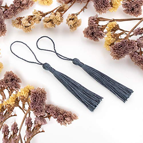 Image of VAPKER 100 Pieces Dark Gray Color 13cm /5-Inch Silky Handmade Soft Tassels Floss Bookmark Tassels with 2-Inch Cord Loop for Jewelry Making, DIY Projects, Bookmarks
