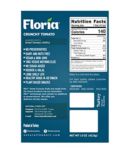 Dried Vegetable Chips And Crisps, Dried Tomato, No Sugar Added Veggie Snack, All Natural, Resealable Bag, 1.5 Ounce (Pack Of 1), Floria Crunchy #TOP3