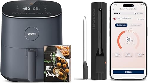 COSORI Freidora de aire de 5 cuartos de galón + termómetro inalámbrico de carne digital, termómetro de cocina Bluetooth para parrilla, ahumador,