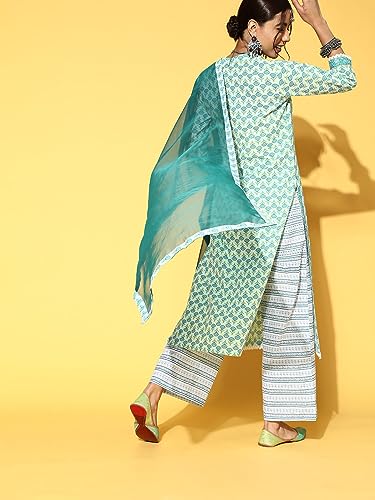 Image of Women Sea Green Printed Straight Kurta Palazzo with Dupatta Set