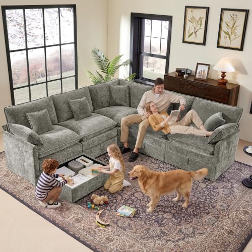 Image of Ihanherry Oversized Modular Sectional Sofa with Storag, 6-Seater V Shaped Cloud Couch with Movable Ottomans, Chenille Deep Seat Corner Couches for Living Room (Grey)