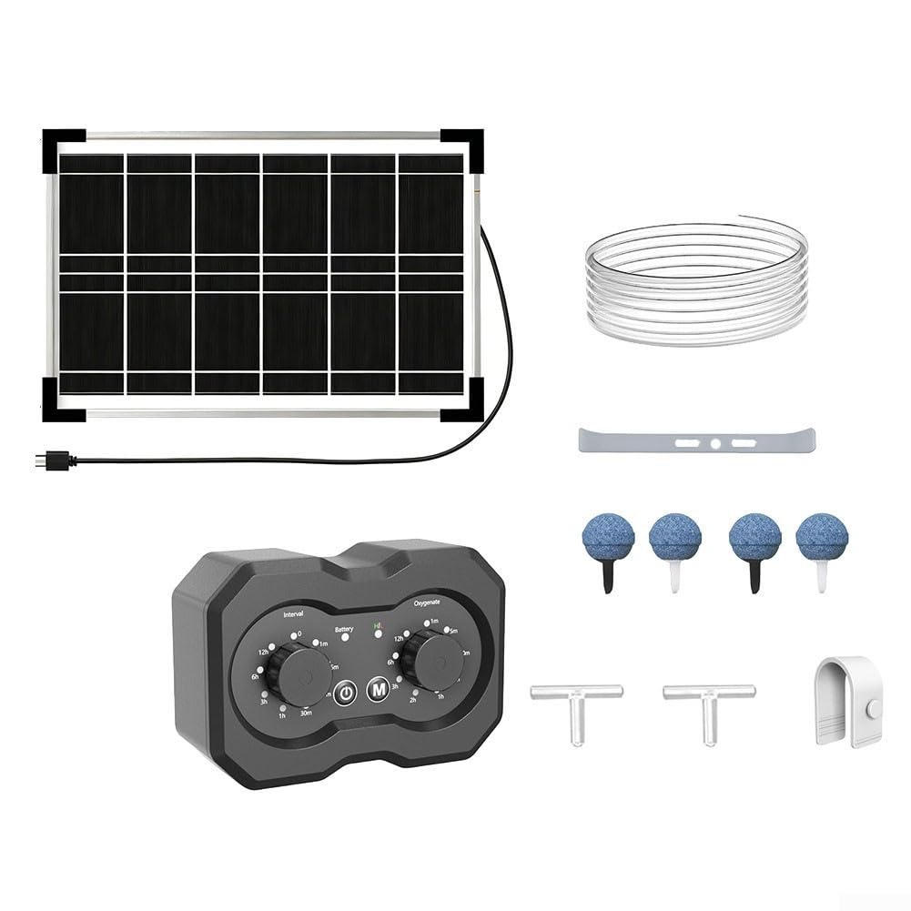 Solar-Teichbelüfter mit Timer-Steuerung, hohe niedrige Einstellung, Luftpumpe für Aquarien, 2200 mAh, wiederaufladbar für Batterie, wetterfestes Outdoor-Sauerstoff-Kit