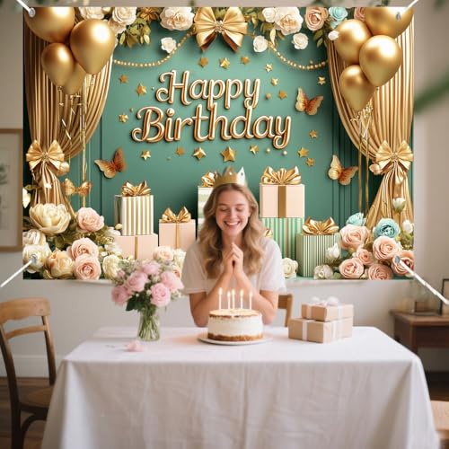 Image of Gold Green Birthday Decorations Banner Butterfly Flower Floral Banner Birthday Photography Background for Girls Women Adults Party Decoration Photo Booth Prop 71 x 43 Inch