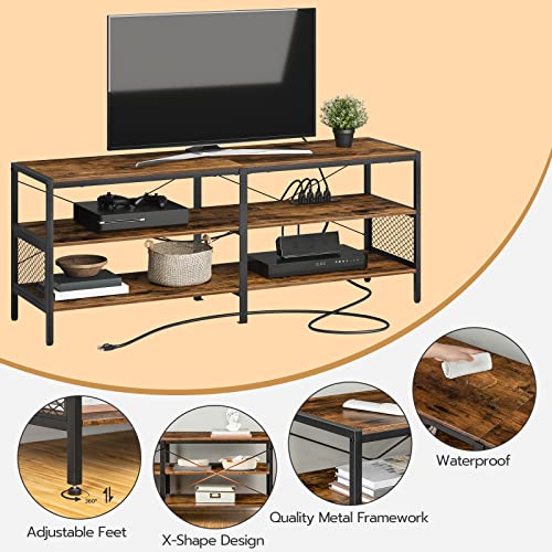 Hoobro Tv Stand With Charging Station For Tvs Up To 65", 3-Tier Media Tv Console Table With Open Storage Shelves, Industrial Tv Entertainment Center For Living Room, Bedroom, Rustic Brown Bf142Ds01 #TOP6