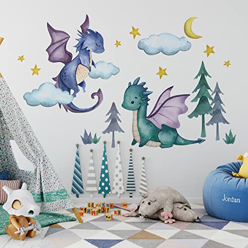 Image of Yovkky Baby Dragon Wall Decals Stickers, Moon Stars Clouds Forest Nursery Playroom Decor, Kids Room Home Decorations Boys Bedroom Art