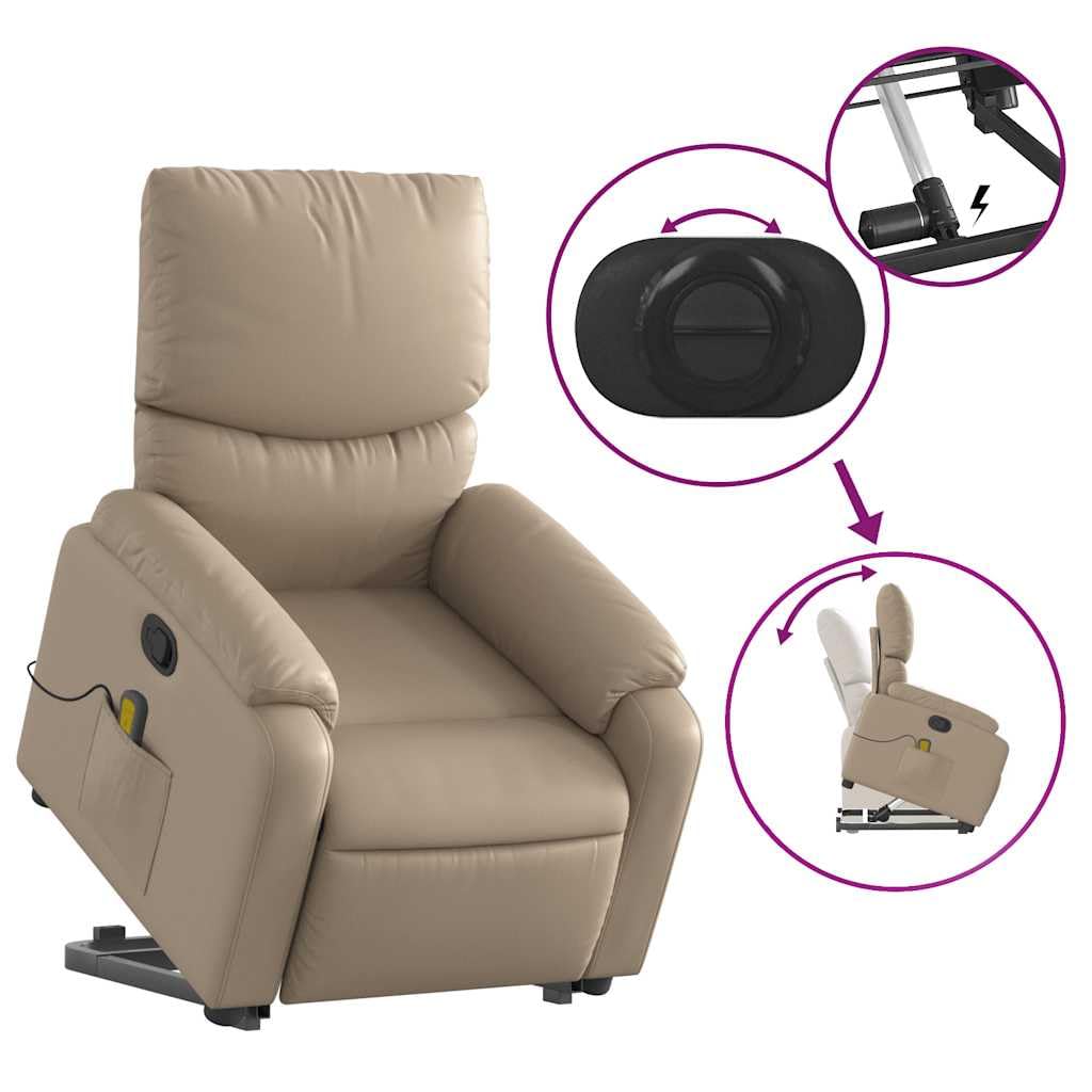 Sillón elevador reclinable de piel sintética de capuchino con 6 puntos de vibración y marco estable, función de elevación eléctrica y reclinación manual a 135 grados